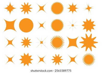 Set of blinking stars, sparks and sparkles. Shining twinkle sunburst shapes collection. Magic light flare pack for design template, poster, banner, brochure, leaflet. Vector glint glitter illustration