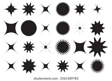 Set of blinking stars, sparks and sparkles. Shining twinkle sunburst shapes collection. Magic light flare pack for design template, poster, banner, brochure, leaflet. Vector glint glitter illustration