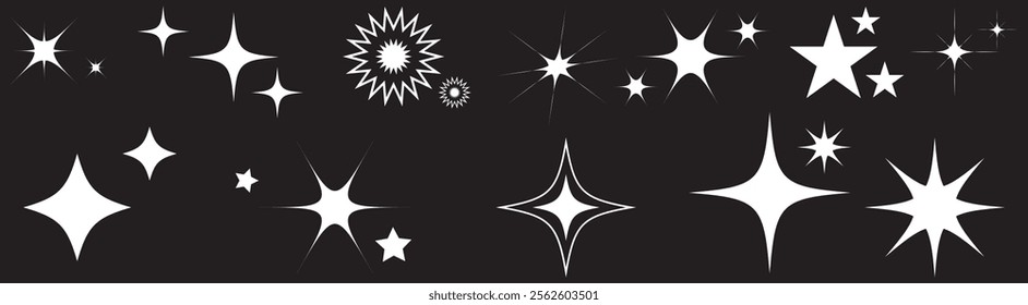 Set of blinking stars, sparks and sparkles. Shining twinkle sunburst shapes collection. Magic light flare pack for design template, poster, banner, brochure, leaflet. Vector glint glitter illustration