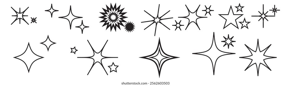 Set of blinking stars, sparks and sparkles. Shining twinkle sunburst shapes collection. Magic light flare pack for design template, poster, banner, brochure, leaflet. Vector glint glitter illustration