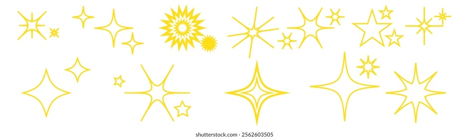 Set of blinking stars, sparks and sparkles. Shining twinkle sunburst shapes collection. Magic light flare pack for design template, poster, banner, brochure, leaflet. Vector glint glitter illustration