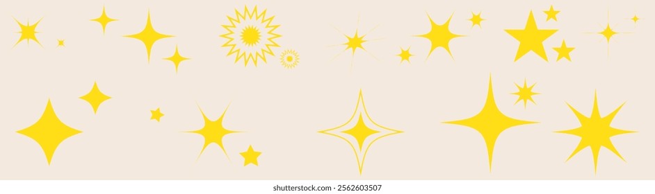 Set of blinking stars, sparks and sparkles. Shining twinkle sunburst shapes collection. Magic light flare pack for design template, poster, banner, brochure, leaflet. Vector glint glitter illustration