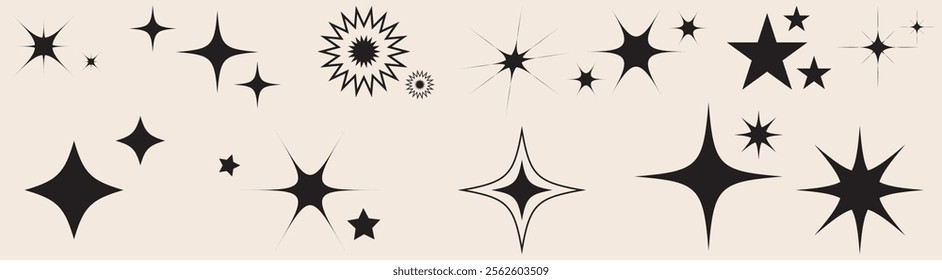 Set of blinking stars, sparks and sparkles. Shining twinkle sunburst shapes collection. Magic light flare pack for design template, poster, banner, brochure, leaflet. Vector glint glitter illustration