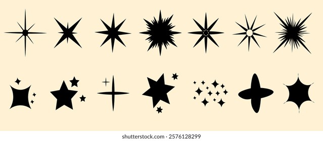 Set of blinking stars, sparks and sparkles. Shining twinkle sunburst shapes collection. Magic light flare pack for design template, poster, banner, brochure, leaflet. 