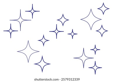 Set of blinking stars, sparks and sparkles. Shining twinkle sunburst shapes collection. Magic light flare pack for design template, poster, banner, brochure, leaflet. Vector glint glitter illustration