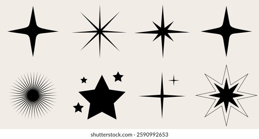 Set of blinking stars, sparks and sparkles. Shining twinkle sunburst shapes collection. Magic light flare pack for design template, poster, banner, 