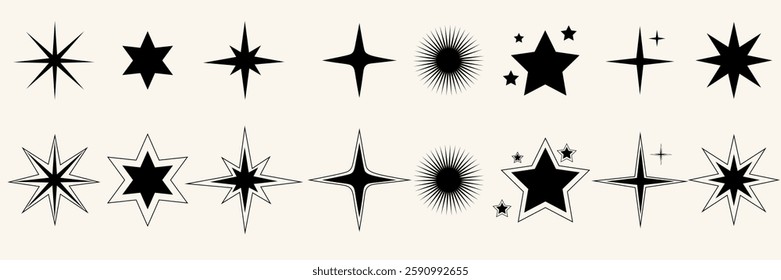 Set of blinking stars, sparks and sparkles. Shining twinkle sunburst shapes collection. Magic light flare pack for design template, poster, banner, 