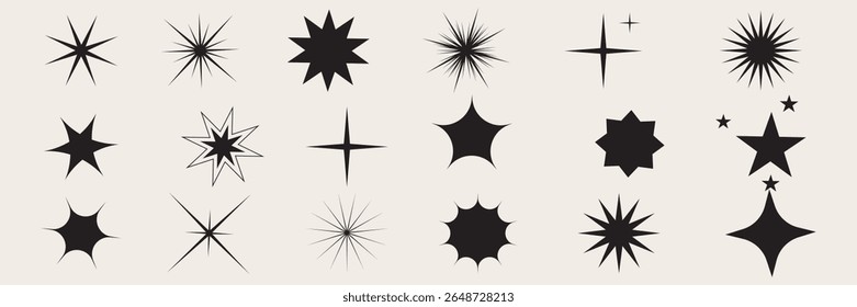 Conjunto de estrelas piscando, faíscas e brilhos. Brilhante brilho sunburst formas coleção. Magic Light Flare Pack para modelo de design, cartaz, banner, brochura, folheto. Ilustração vetorial