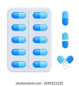 Conjunto de blister com cápsulas azuis na frente e vista lateral. Medicação, remédio, droga, tratamento, conceito de saúde. Ilustração de vetor plano isolada em um fundo branco