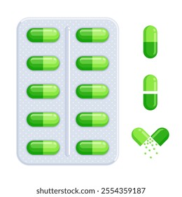 Set of blister pack with green capsules in front and side view. Medication, remedy, drug, treatment, healthcare concept. Flat vector illustration isolated on a white background