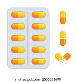 Set of blister pack with orange and yellow capsules in front and side view. Medication, remedy, drug, treatment, healthcare concept. Flat vector illustration isolated on a white background