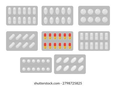 Set of blister pack of pills set collection, blister packaging, Medical drugs package, pharmacy remedies, round pills and oval capsules in plastic and foil pack vector illustration