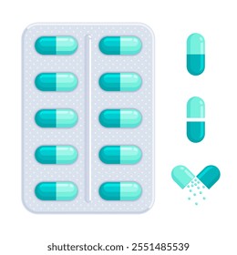 Set of blister pack with teal and green capsules in front and side view. Medication, remedy, drug, treatment, healthcare concept. Flat vector illustration isolated on a white background