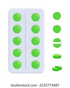 Set of blister pack with whole and half green pills in front, side view. Painkiller, antibiotic, antidepressant, antacid, vitamin concept. Flat vector illustration isolated on a white background