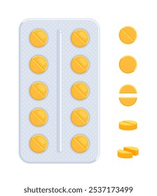 Conjunto de blister con píldoras enteras y medio amarillas en la parte delantera, vista lateral. Analgésico, antibiótico, antidepresivo, antiácido, concepto de vitamina. Ilustración vectorial plana aislada en un fondo blanco