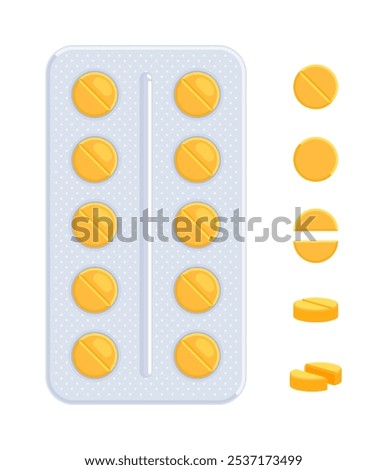Set of blister pack with whole and half yellow pills in front, side view. Painkiller, antibiotic, antidepressant, antacid, vitamin concept. Flat vector illustration isolated on a white background