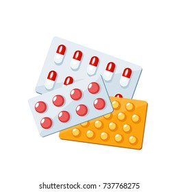 Set of blister package with different pills, capsules, tablets. Vector illustration cartoon flat icon collection isolated on white.