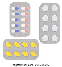 A set of blister packs of tablets in different colors. Aspirin antibiotics or painkillers