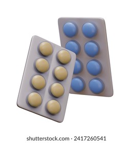 Set of blisters with yellow and blue pills. Various vector medicines. Vector realistic illustration. Unmarked packaging of drugs, mockup. Classic design