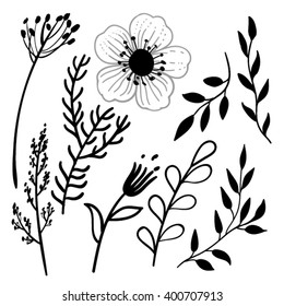 Set of blob brush drawn branches. Black and white vector illustration