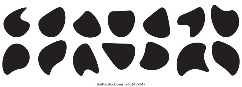 Conjunto de colección en forma de gota con diferente estilo. Blot redondo irregular forma elemento gráfico de color verde. Símbolo de guijarro ovalado aleatorio. Ilustración vectorial.
