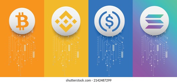 Set of block chain based crypto currency symbol logos of Bitcoin BTC, Binance Coin BNB, USD Coin USDC and Solana SOL vector illustrations 