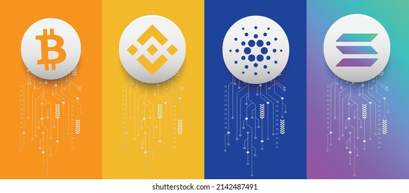 Set of block chain based crypto currency symbol logos of Bitcoin BTC, Binance Coin BNB, Cardano ADA and Solana SOL vector illustrations 