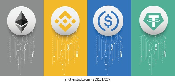 Set of Block chain based cryptocurrency symbols banner on technology background. Ethereum (ETH), Binance coin (BNB), USD Coin (USDC) and Tether (USDT) crypto logos. Altcoin vector illustration designs