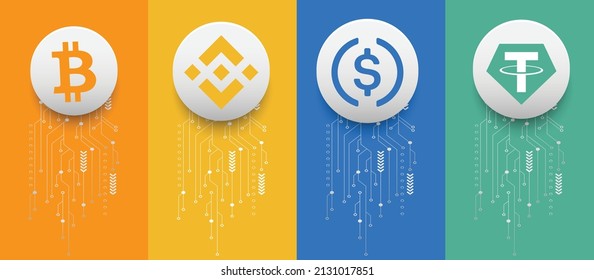 Set of Block chain based cryptocurrency symbols banner on technology background. Bitcoin (BTC), Binance coin (BNB), USD Coin (USDC) and Tether (USDT) crypto logos.cryptocoin vector illustration 