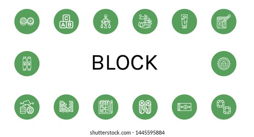 Set of block icons such as Chocolate, Abc block, Mobile toy, Stones, Sunscreen, Ledger, Cryptocurrency, Brick, Sudoku, Wood, Butter, Malware , block