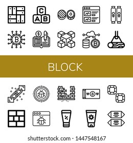 Set of block icons such as Parquet, Cryptocurrency, Abc block, Ledger, Chocolate, Blockchain, Products, Wood, Brick wall, Malware, Brick, Sunscreen, Butter , block