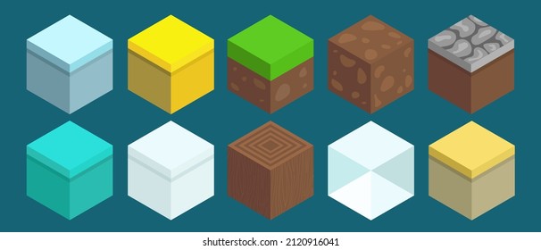 Set of block materials and textures, vector elements for game design. Cubes isolated on green background. Set of Game Platforms. Items for Games.
