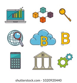 set of blockchain and bitcoin technology icon 