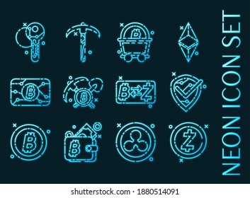 Set of Blockchain blue glowing neon icons.