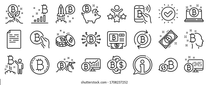 Conjunto de iconos de Blockchain, Crypto ICO start up e Bitcoin. Iconos de línea de criptodivisa. Minería, intercambio de criptomoneda, pickaxe de oro. Cajero bitcoin, monedas criptográficas, mercados financieros, cadenas de bloqueo. Vector