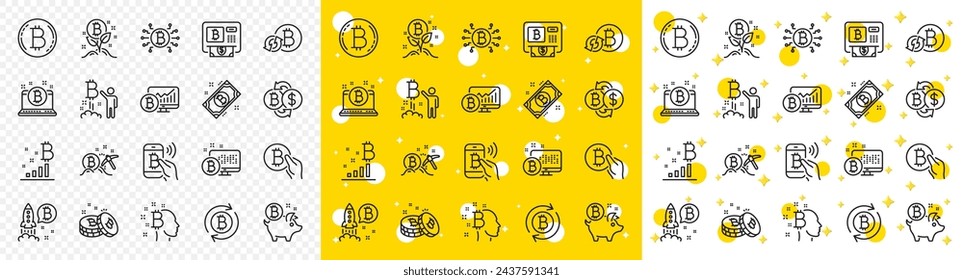 Set of Blockchain, Crypto ICO start up and Bitcoin icons. Cryptocurrency line icons. Mining, Cryptocurrency exchange, gold pickaxe. Bitcoin ATM, crypto coins, financial ico markets, blockchain. Vector