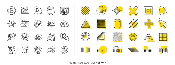 Conjunto de Blockchain, inicialização de Crypto ICO e ícones Bitcoin. Elementos de forma de design. Ícones de linha de criptomoeda. Mineração, troca de criptomoedas, picareta de ouro. Vetor