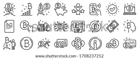 Set of Blockchain, Crypto ICO start up and Bitcoin icons. Cryptocurrency line icons. Mining, Cryptocurrency exchange, gold pickaxe. Bitcoin ATM, crypto coins, financial ico markets, blockchain. Vector
