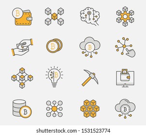 Set of blockchain icons, such as mining, bitcoin, currency and more. Vector illustration isolated on white. Editable stroke.