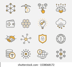 Set of blockchain icons, such as mining, bitcoin, currency and more. Vector illustration isolated on white. Editable stroke.