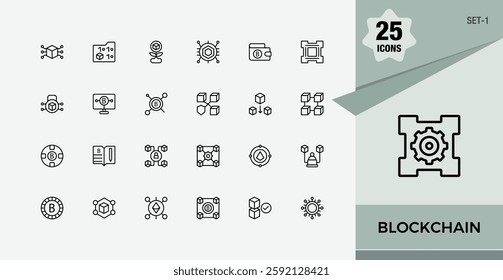 Set of Blockchain line icons. Includes thin line node, financial, technology, block, transaction, bit and more. Perfect for logos and infographic. Editable stroke. Vector collection.