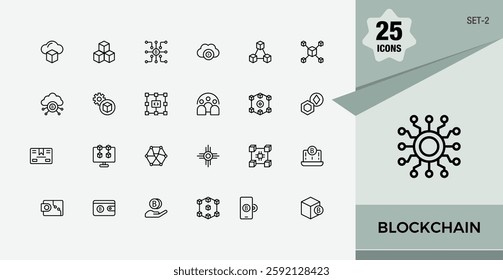 Set of Blockchain line icons. Includes thin line node, financial, technology, block, transaction, bit and more. Perfect for logos and infographic. Editable stroke. Vector collection.