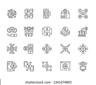 Set of blockchain Related Vector Line Icons. Includes such Icons as Exchange, money, currency, cryptocurrency, bitcoin, Cain, trades, bundle, terms, trade, income, investments, exchange, traffic