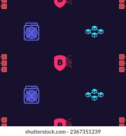Set Blockchain technology, ASIC Miner, Shield with bitcoin and Mining farm on seamless pattern. Vector
