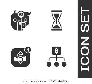 Set Blockchain technology Bitcoin, Bull and bear of stock market, Mobile trading and Old hourglass icon. Vector