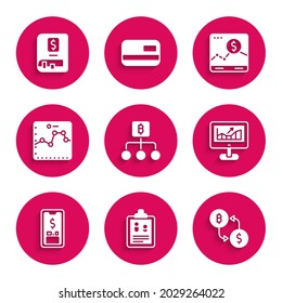 Set Blockchain technology Bitcoin, Business finance report, Cryptocurrency exchange, Computer with growth graph, Mobile dollar, Browser, Website and Financial book icon. Vector