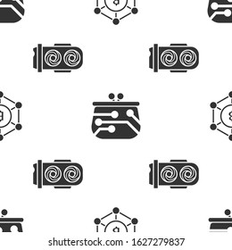 Set Blockchain technology Bitcoin, Cryptocurrency wallet and Mining farm on seamless pattern. Vector