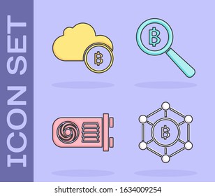Set Blockchain technology Bitcoin, Cryptocurrency cloud mining, Mining farm and Magnifying glass with Bitcoin icon. Vector