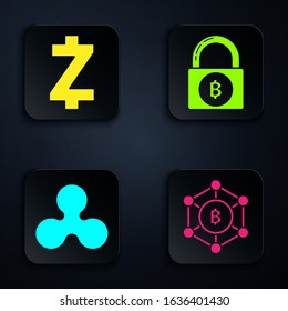 Set Blockchain technology Bitcoin, Cryptocurrency coin Zcash ZEC, Cryptocurrency coin Ripple XRP and Lock with bitcoin. Black square button. Vector
