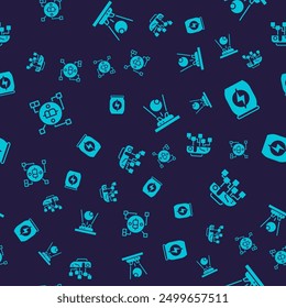 Set Blockchain technology Bitcoin, Energy drink, Hologram and Humanoid robot on seamless pattern. Vector